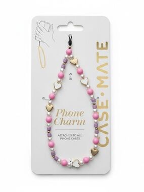 NWT Case-Mate Beaded Phone Charm Pink & Gold Heart Feminine Gift Fits All Phones